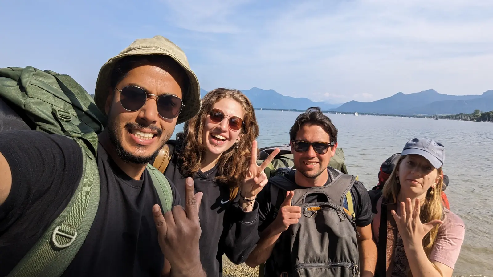 Friends together during a lakeside hike