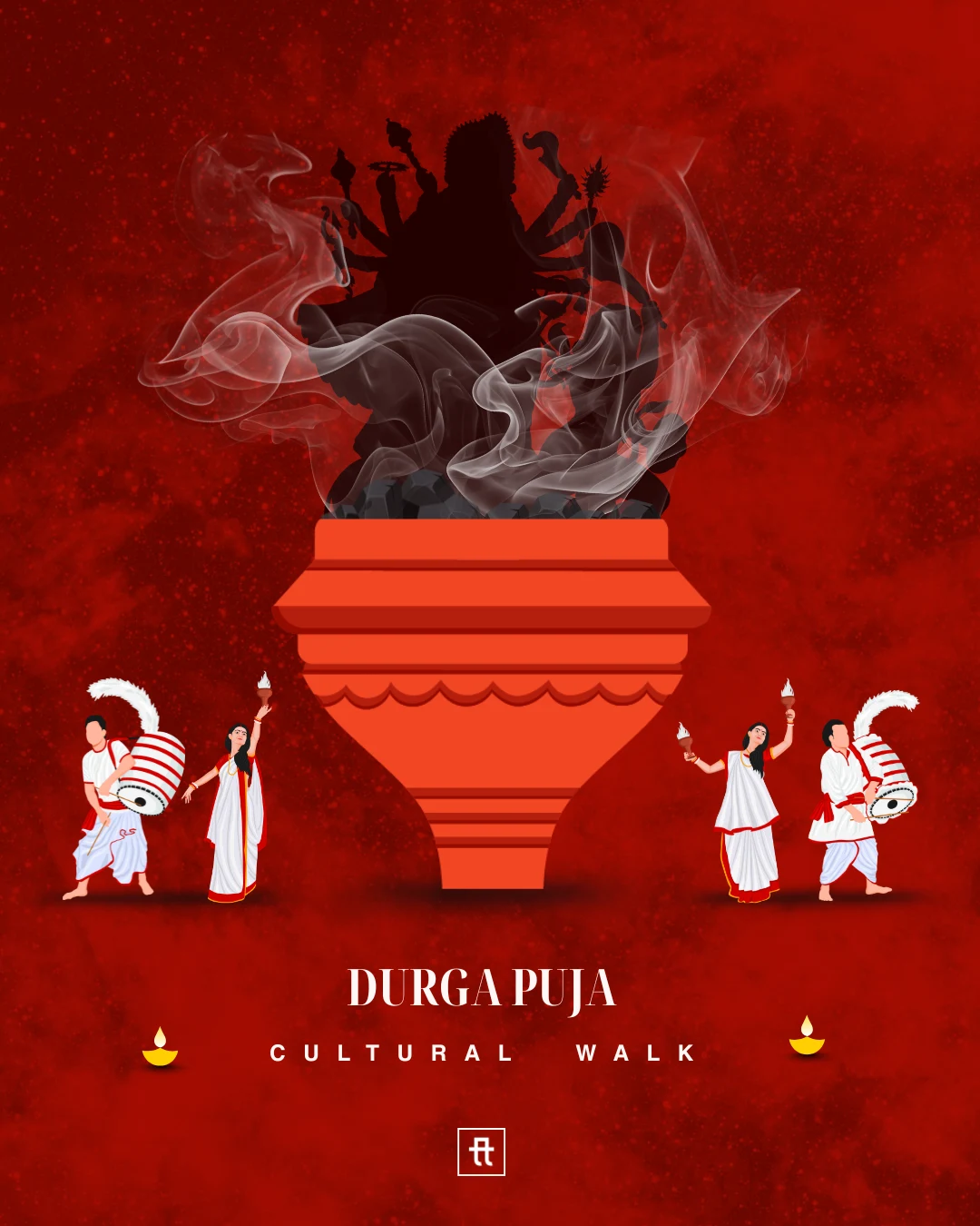 Red Durga Puja Cultural Walk poster with a silhouette of Durga, a smoking dhunuchi, dancers, drummers and the Travelling Table logo