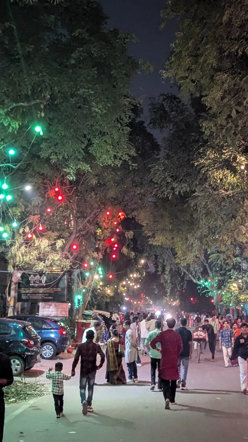 People walking beneath colourful lights on a tree-lined street at night